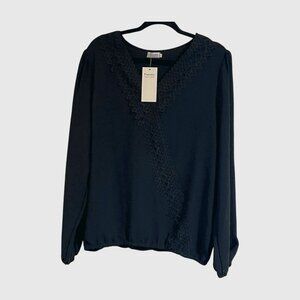 Poetsky Women's Large Black Long Sleeve V-Neck Swiss Dot Lace Blouse NWT